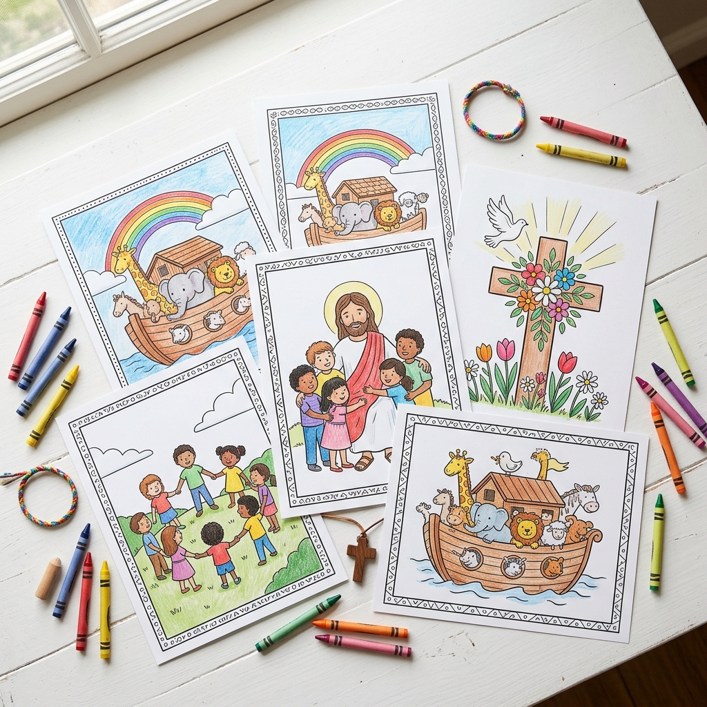 Páginas de atividades bíblicas para colorir com temas cristãos infantis