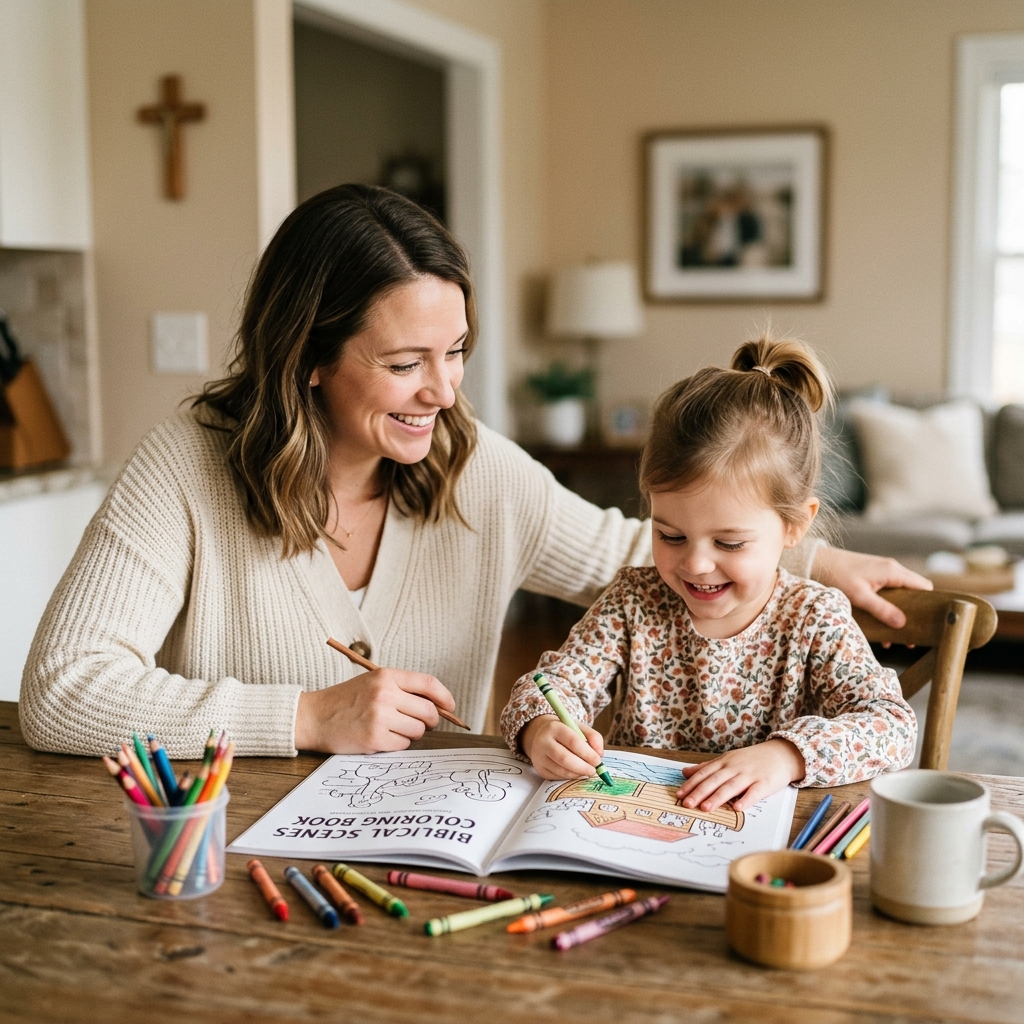 Mãe e filha fazendo atividades bíblicas juntas em momento familiar
